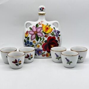 Vintage Kalocsa Decanter Set Hand Painted Hungary Floral Gold Trim 0037